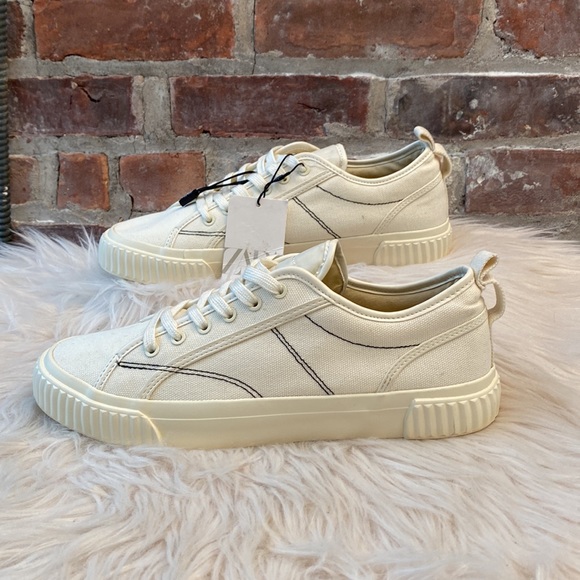NWT Zara Canvas Low Top Ecru Trainers, Size 10 - Picture 12 of 17